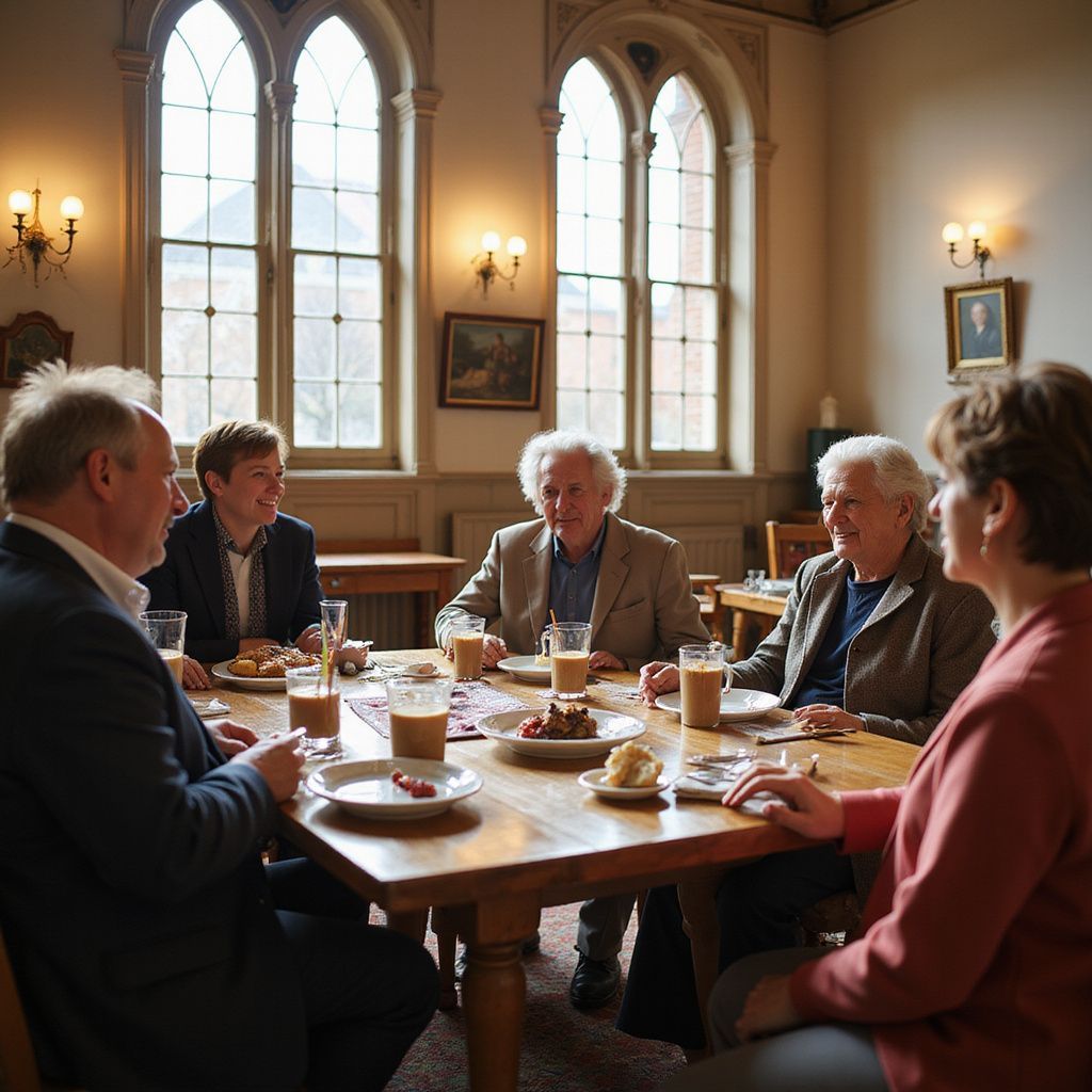 People seated at a wooden table in a well-lit room, eating and talking. Large windows in the background.