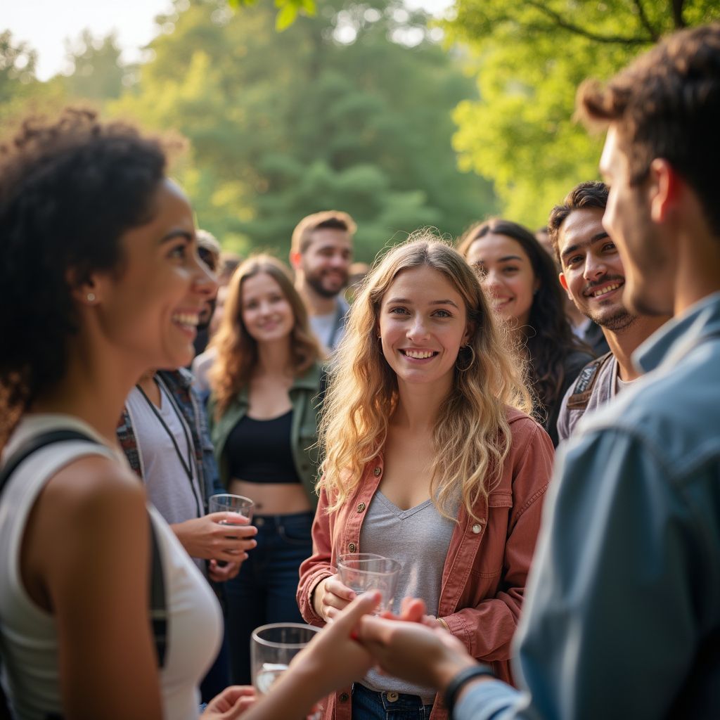 Group of people socializing outdoors, smiling and holding drinks; green trees in the background.