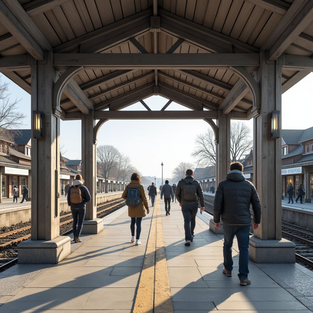 People walking on a train platform under a wooden shelter. Sunny day. Buildings in the background.