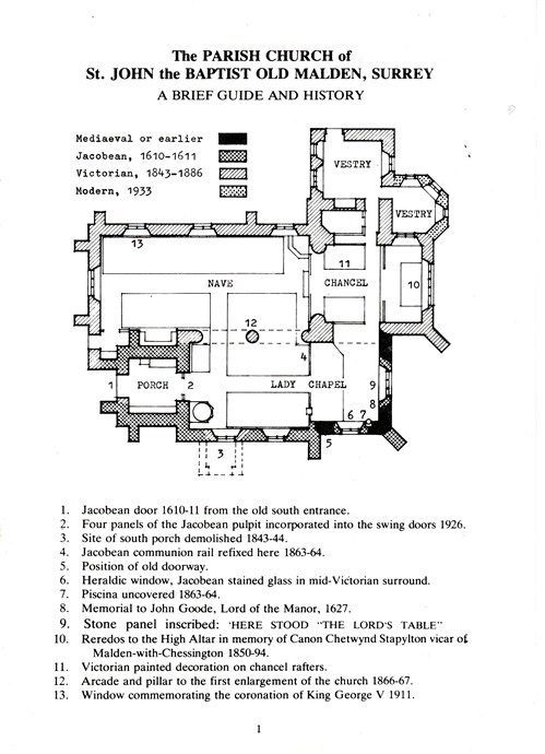 Floor plan of St. John the Baptist Old Malden, Surrey, with construction phases in color-coded blocks.