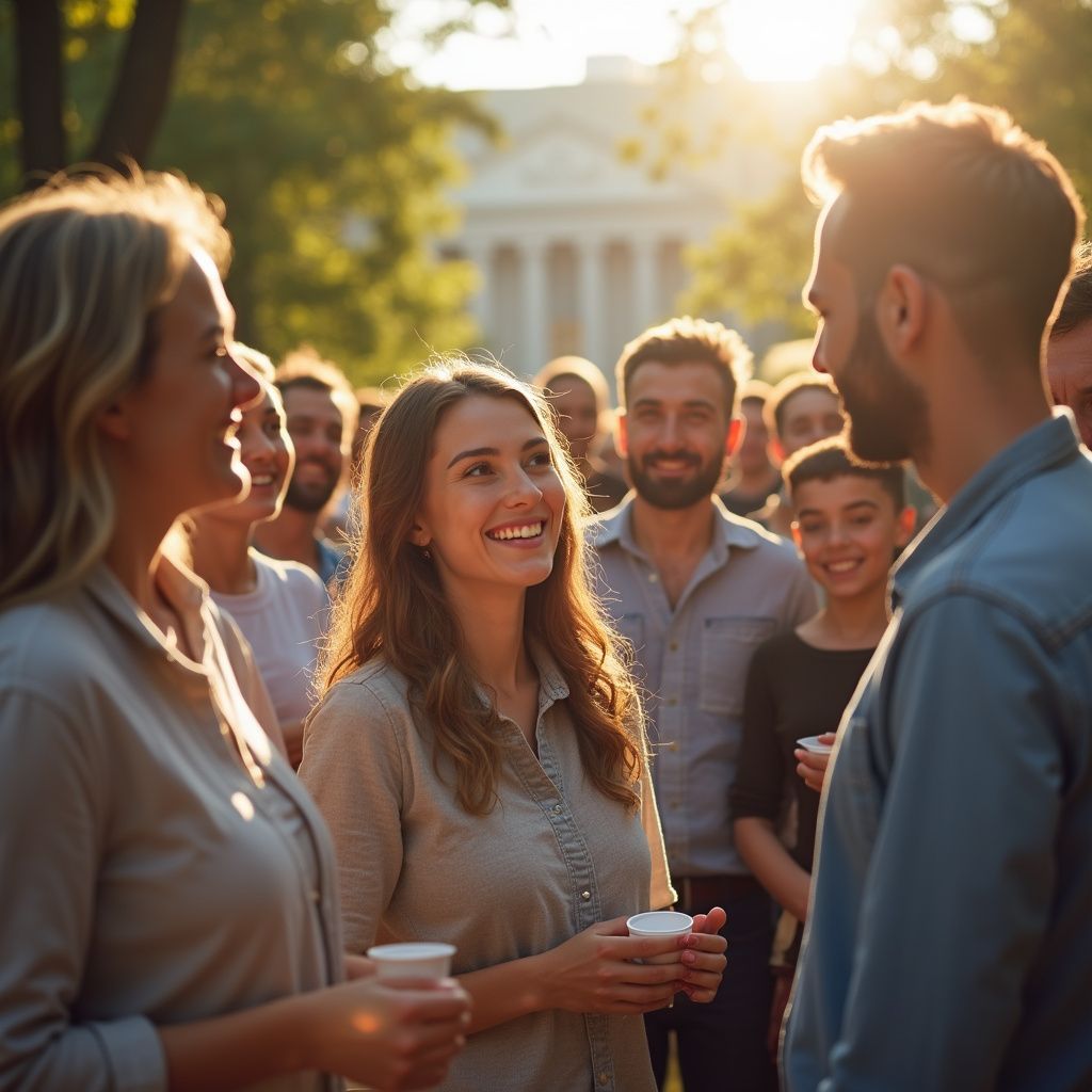 People talking and smiling outdoors, sunlit park, holding cups.