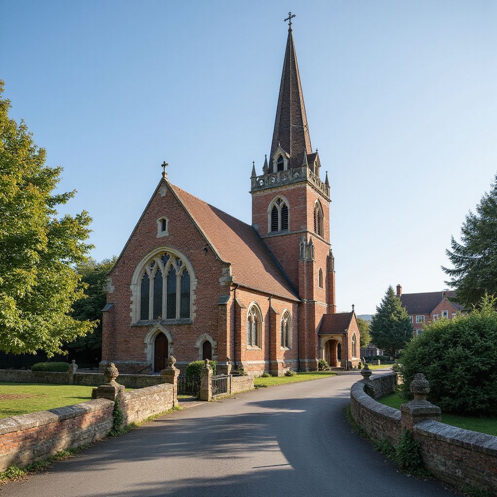 Brick church with tall spire and red tile roof, on a sunny day.