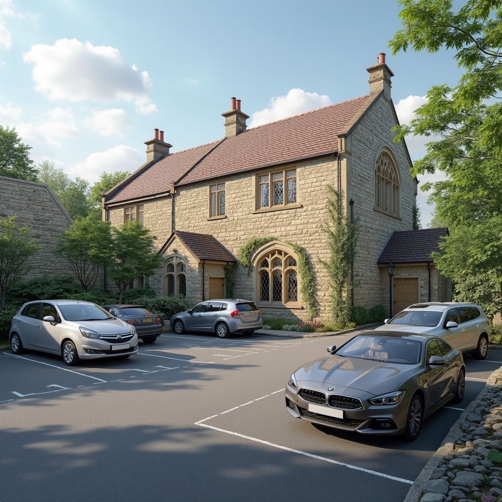 Stone building with cars parked in front. Cloudy sky, trees.