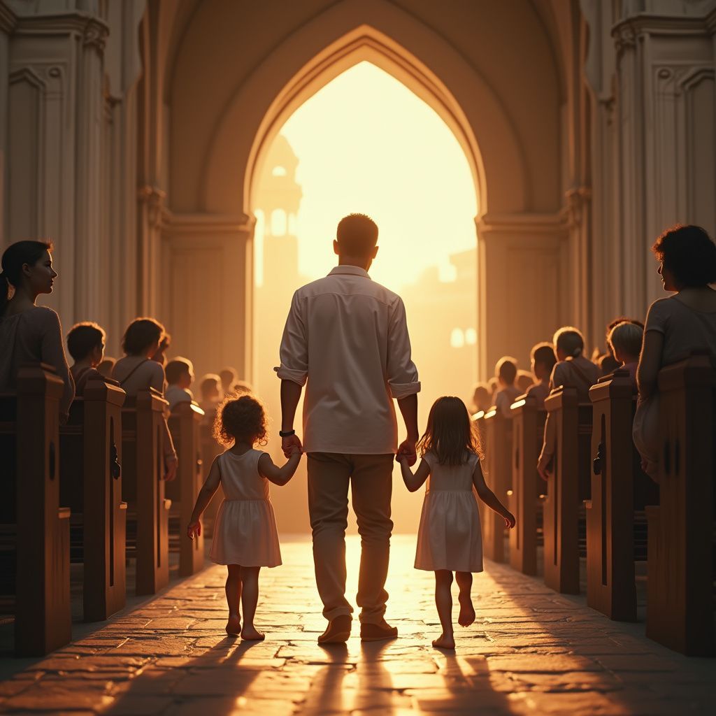 Father walking with two children in a church, toward bright sunlight.