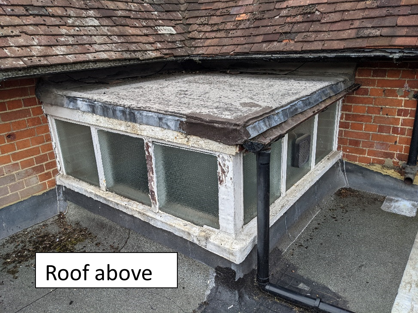 A low, flat roof with windows beneath a larger, pitched roof. Brick wall visible.