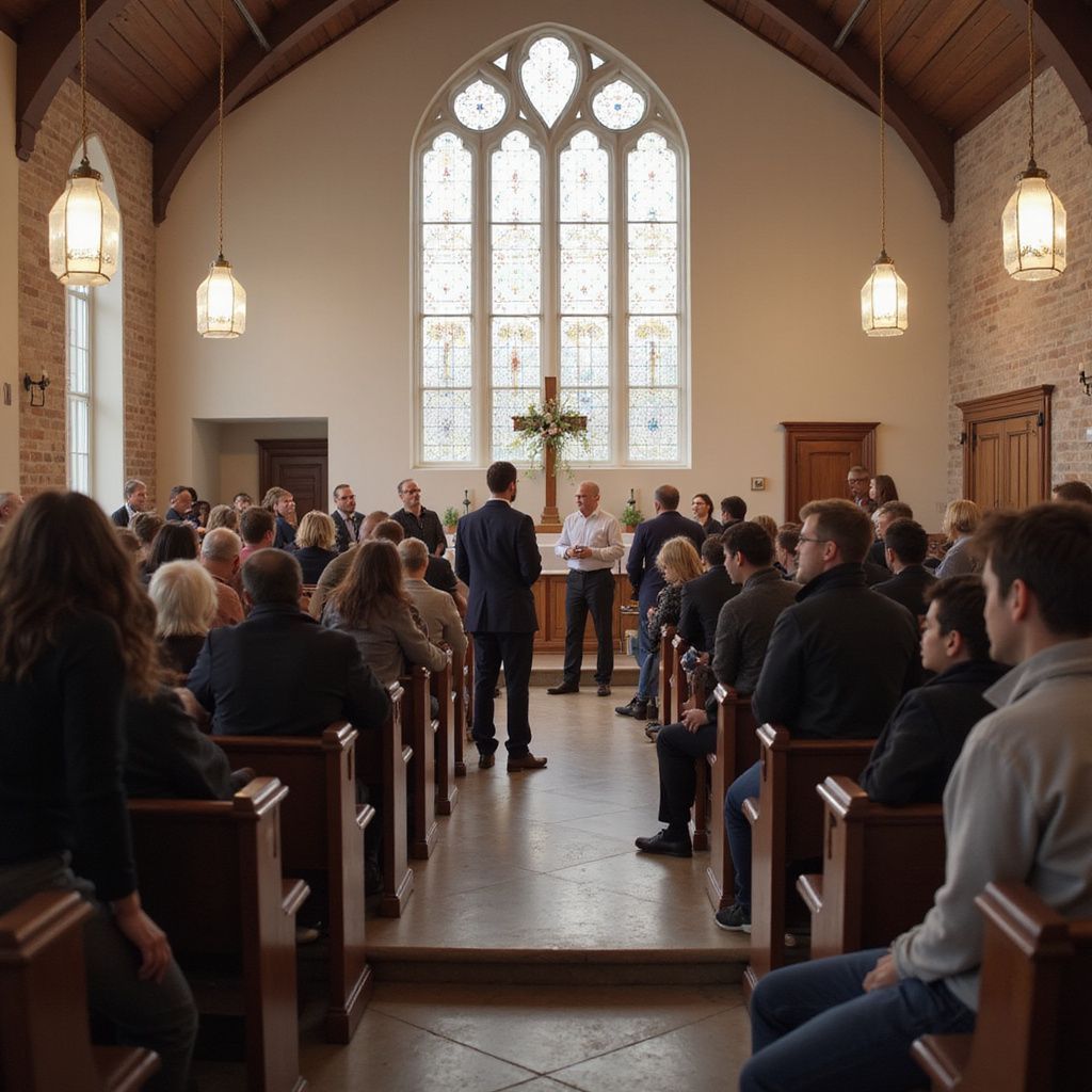 People gathered in a chapel for a service, facing the altar with a cross.