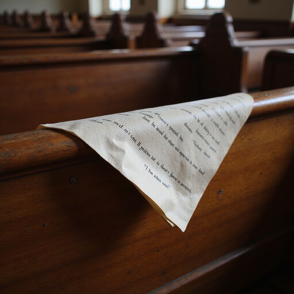 A piece of paper with text, folded on a wooden church pew.
