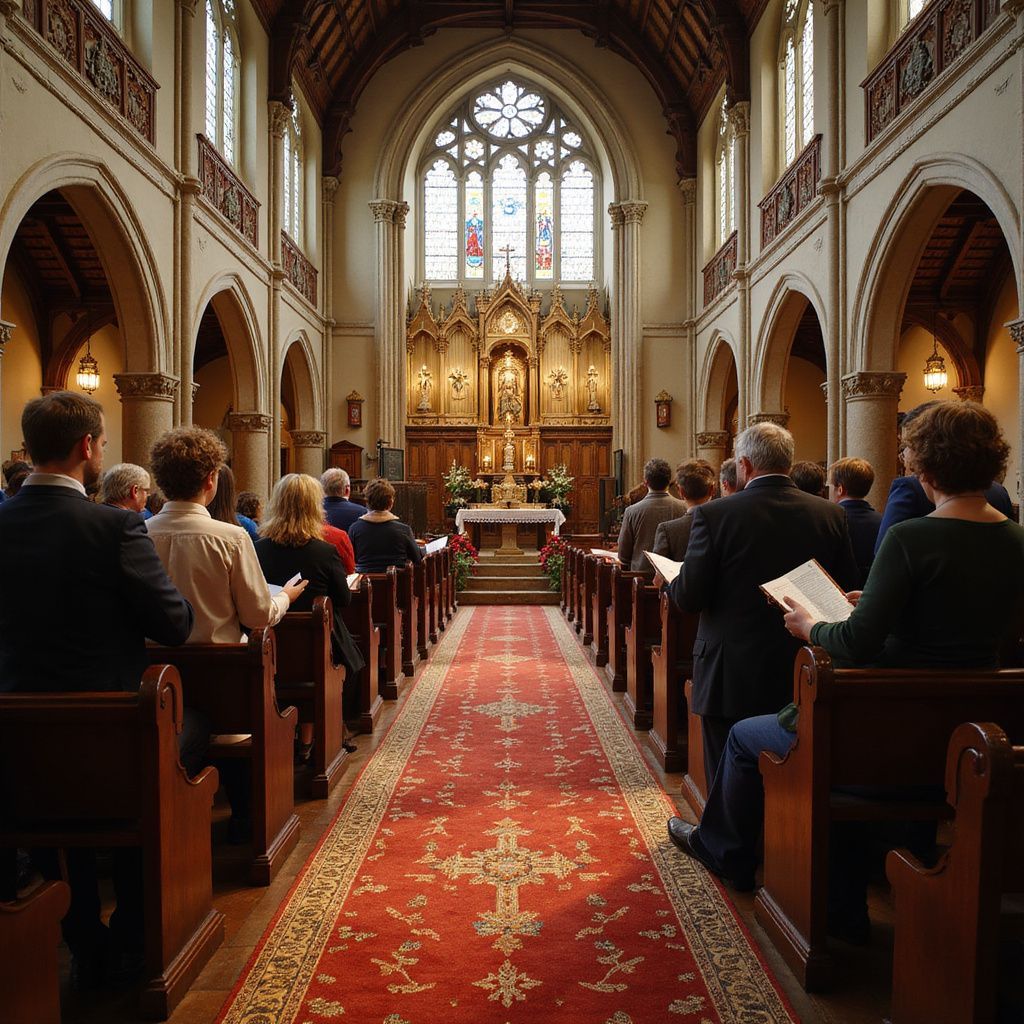 People seated in church pews face altar; red carpet, arched windows, stained glass.