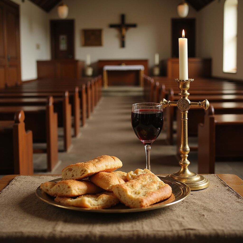 Communion setting: bread, wine, candle, and church interior with rows of wooden pews and crucifix.