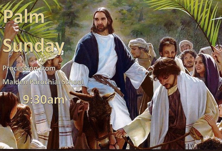 Palm Sunday: Jesus riding a donkey, followed by people, with palms. 9:30 AM service.