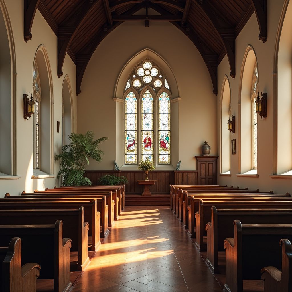 Interior of a church with wooden pews, stained glass window, and a wooden altar. Sunlight streams through the windows.