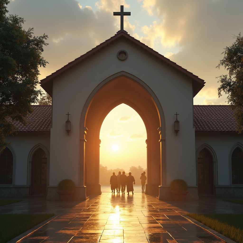 Church entrance with archway, cross, and people silhouetted in the golden sunset.