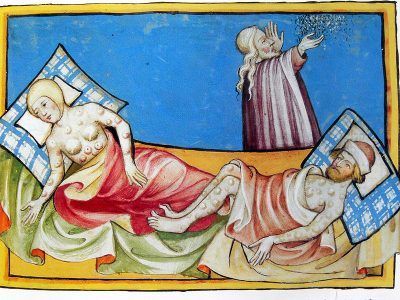 Medieval illustration of two people with skin lesions in bed, a person spraying a mist.