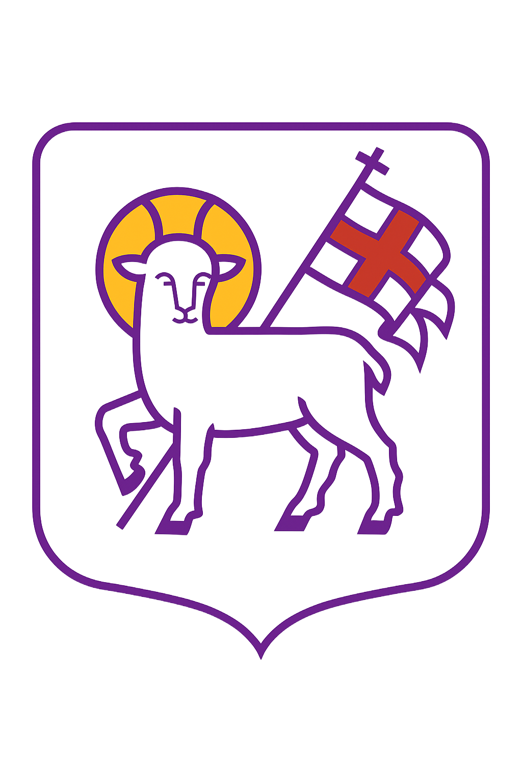 Lamb of God emblem in purple frame, white lamb holding flag with red cross, yellow halo.