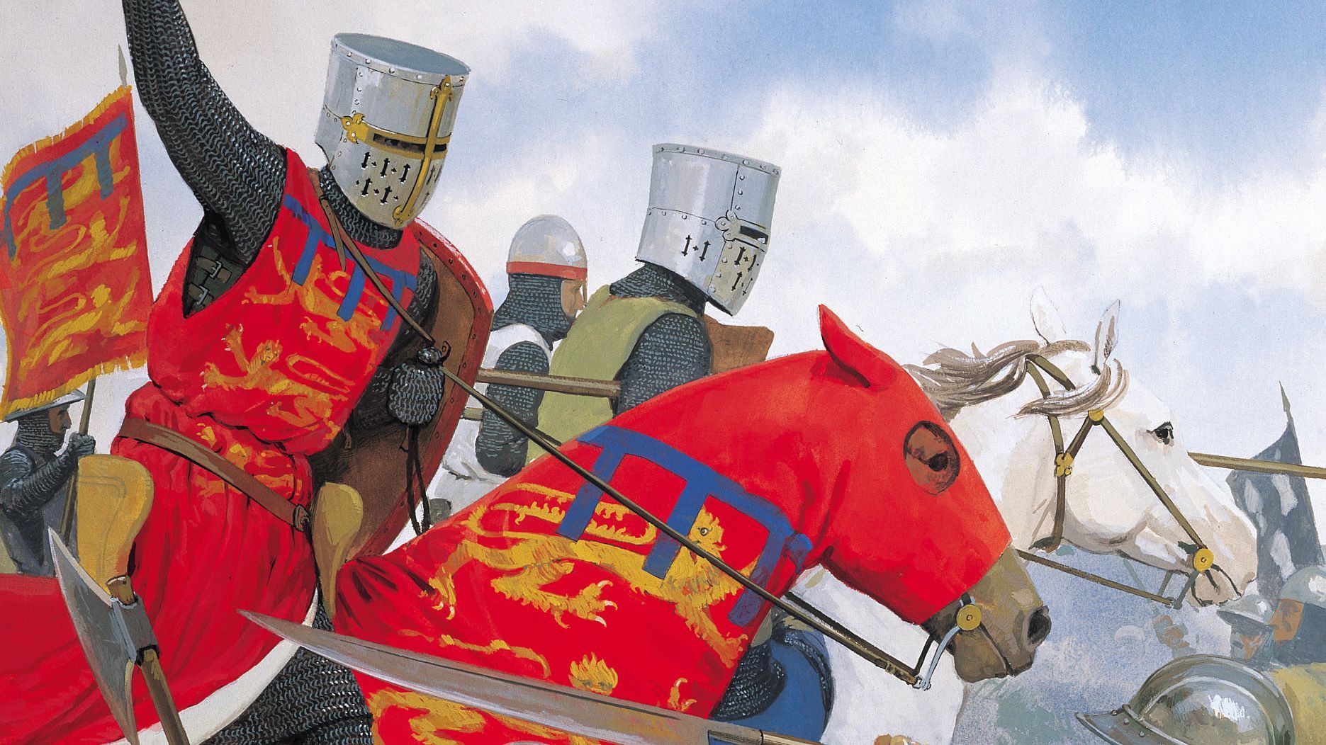 Knights on horseback charging in battle. One knight raises a weapon, red and yellow colors.