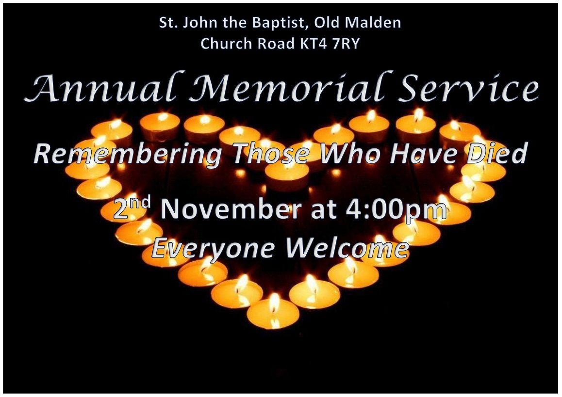 Annual Memorial Service flyer with a heart of lit candles, text says "Remembering Those Who Have Died", November 2nd at 4:00pm.