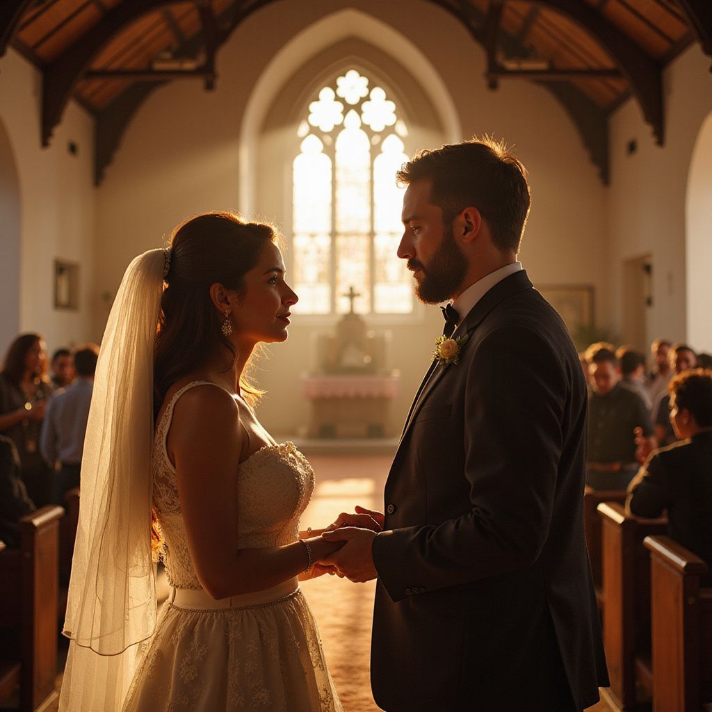 Bride and groom holding hands, gazing at each other in a church. Sunlight streams through a stained-glass window.