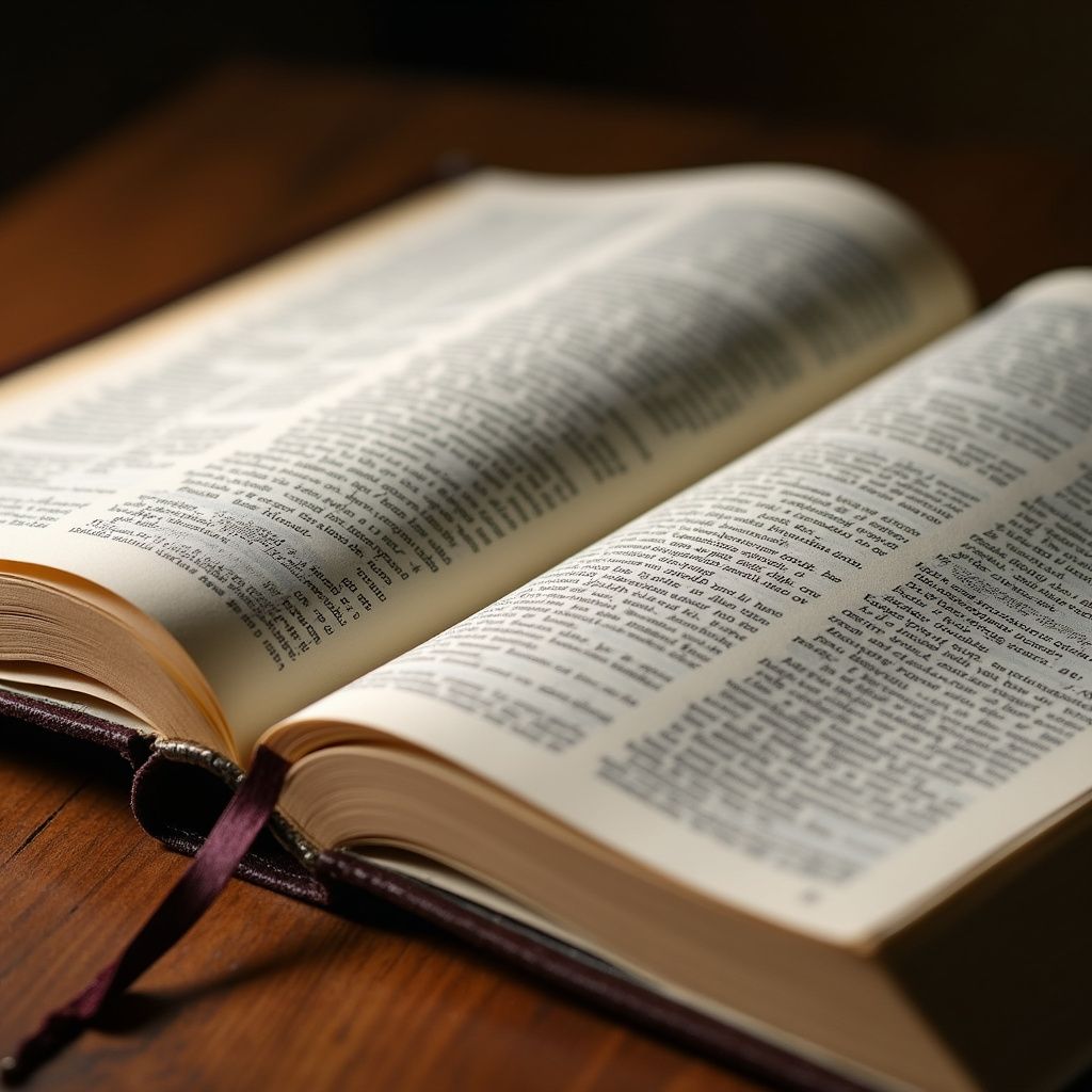 Open book with text on wooden surface, purple bookmark.