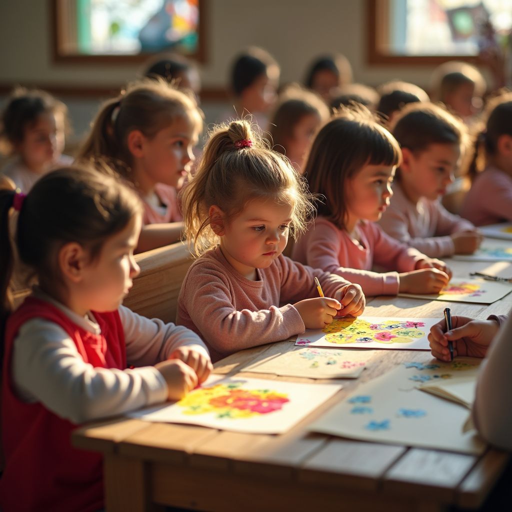 Children in a classroom drawing at their desks with colored pencils, under the light of windows.