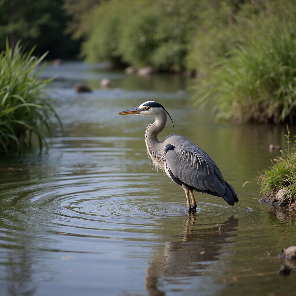 Grey heron standing in shallow water, looking for prey.
