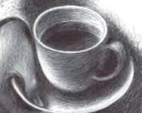 Coffee cup on saucer, drawn in grayscale with shadows, depicting a hot beverage.