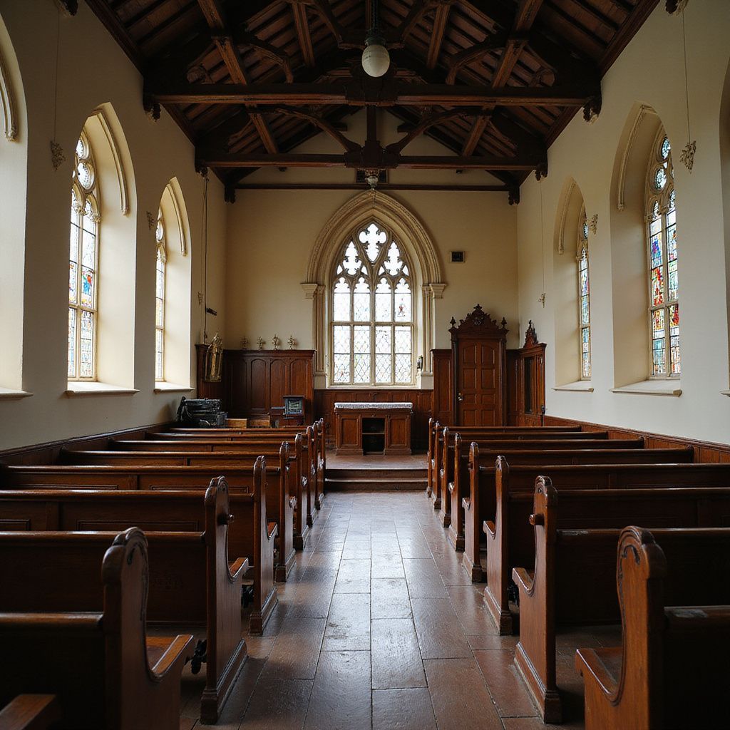 Interior of a church with wooden pews, stained glass windows, and a wooden altar.