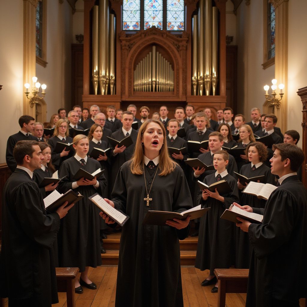 Choir singing in a church, holding books, wearing black robes. Organ in background.