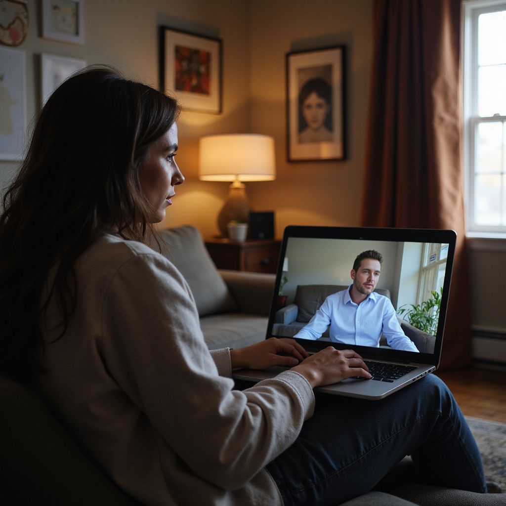Woman having a video call on a laptop; sitting on a couch in a living room.