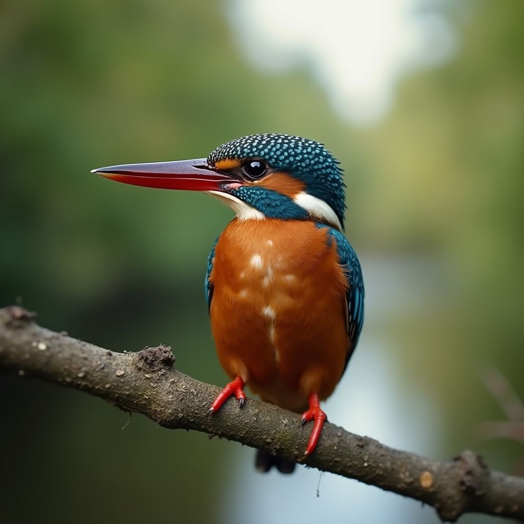 Kingfisher bird with orange breast, blue wings, and long red beak perched on a branch.