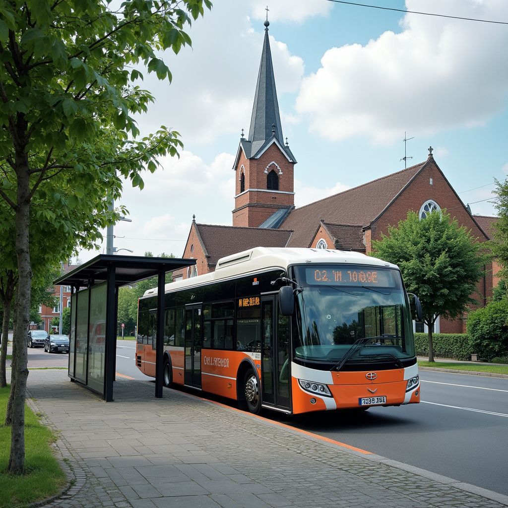 Bus at a bus stop next to a church with a tall steeple. Orange bus, brick building, trees.
