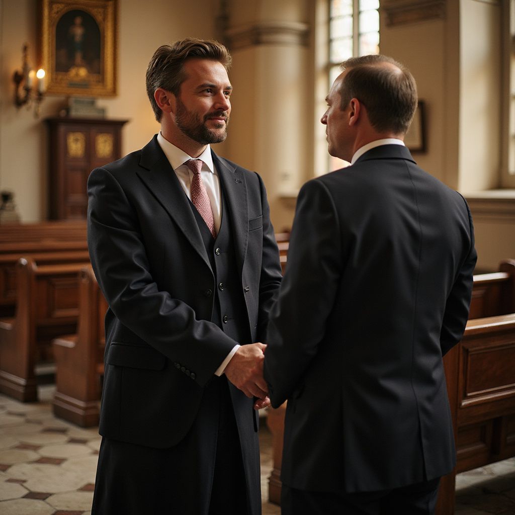Two men in suits shake hands in a church, smiling.