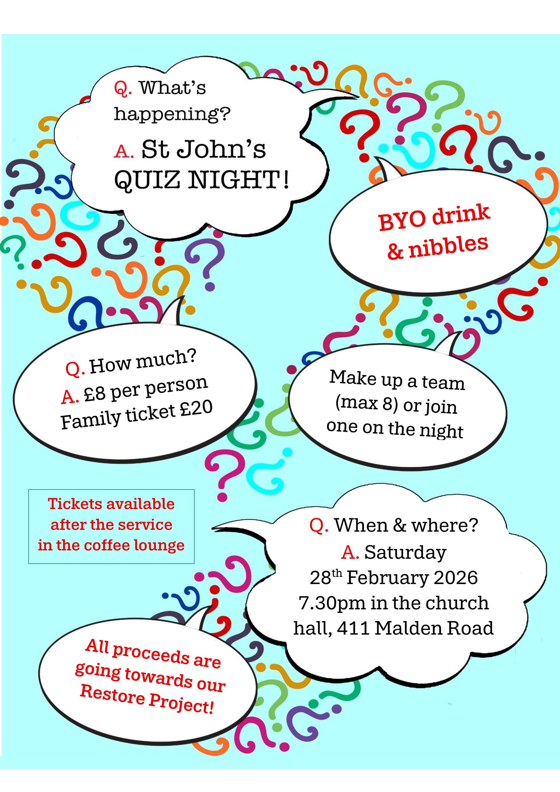 Flyer: St. John's Quiz Night, Saturday, February 28, 2026, 6:30 PM, at the church hall, 111 Mason Road. BYO drinks and nibbles.