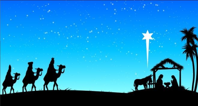 Silhouetted Nativity scene: Wise men on camels approaching stable under a starry sky.