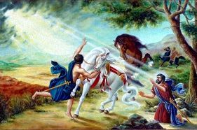 Man on white horse, blinded, falls to his knees. Another man holds the horse, light beams down.
