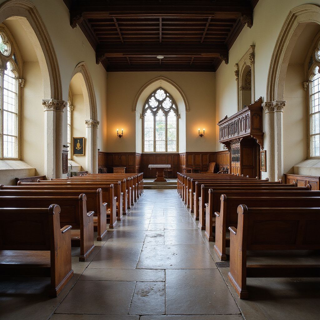 Interior of a church with wooden pews, arched windows, and a raised wooden pulpit.