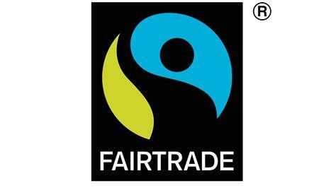 Fairtrade logo: Blue and green symbol over black; reads "FAIRTRADE" below.