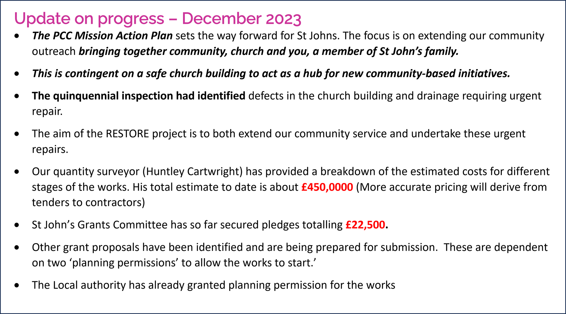 Text update on progress, with bullets. Key figures and a total amount are highlighted in red.