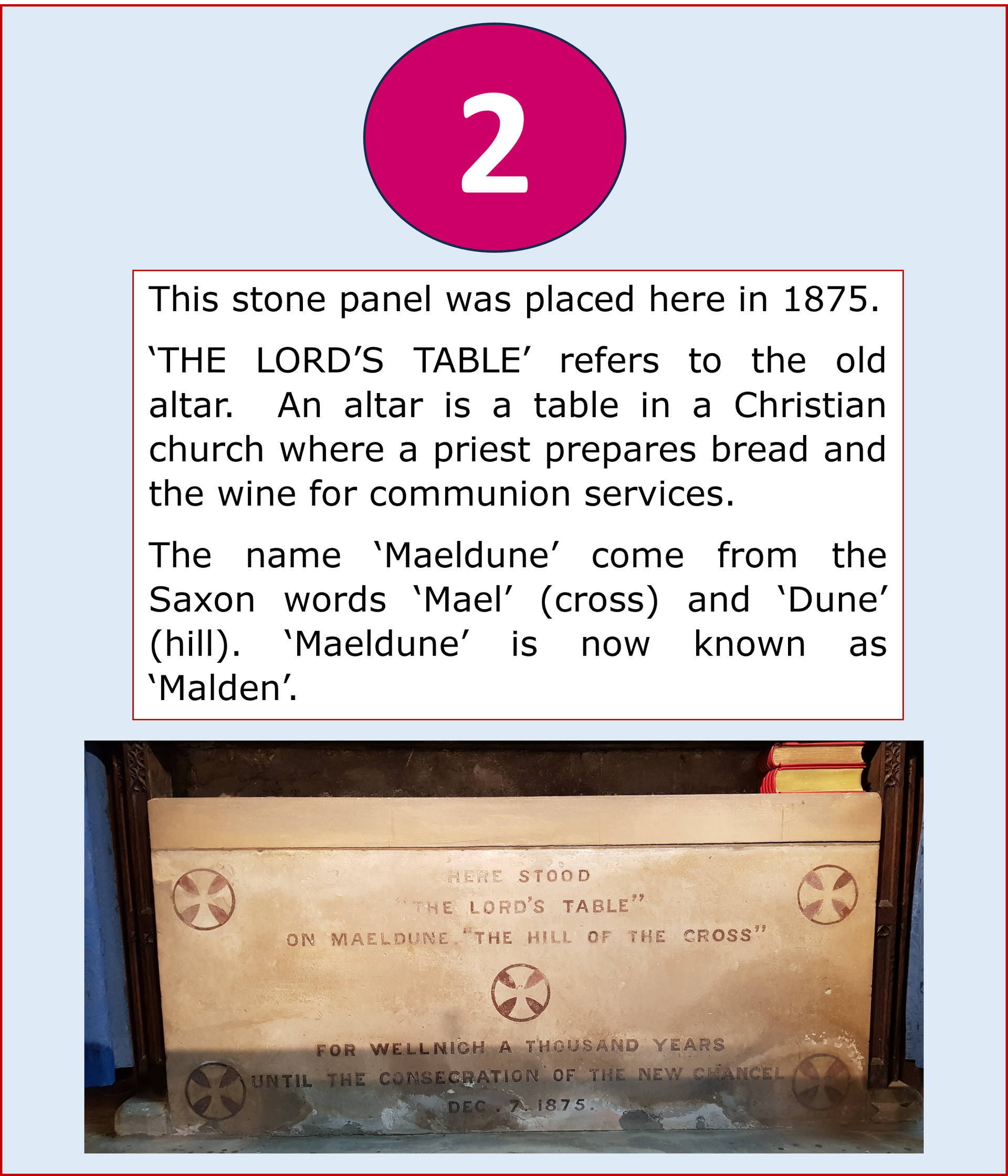 Stone plaque with text about "The Lord's Table" in a church, dated 1875, with number 2 in a circle.