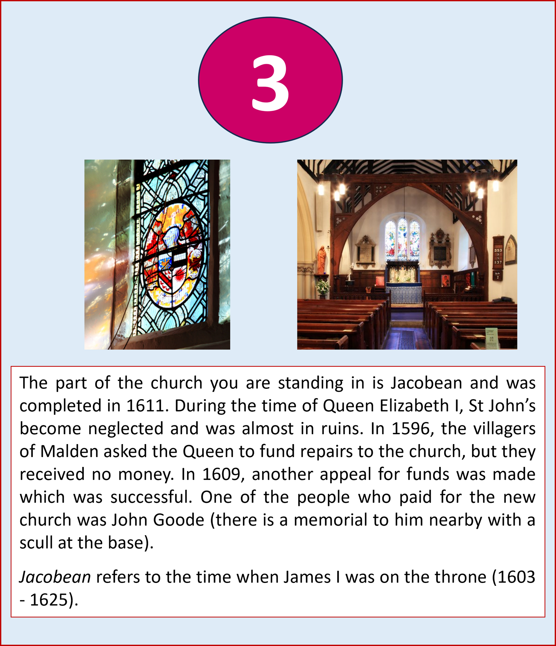 Church interior with stained-glass window, text about the church's history, and a pink circle with the number 3.