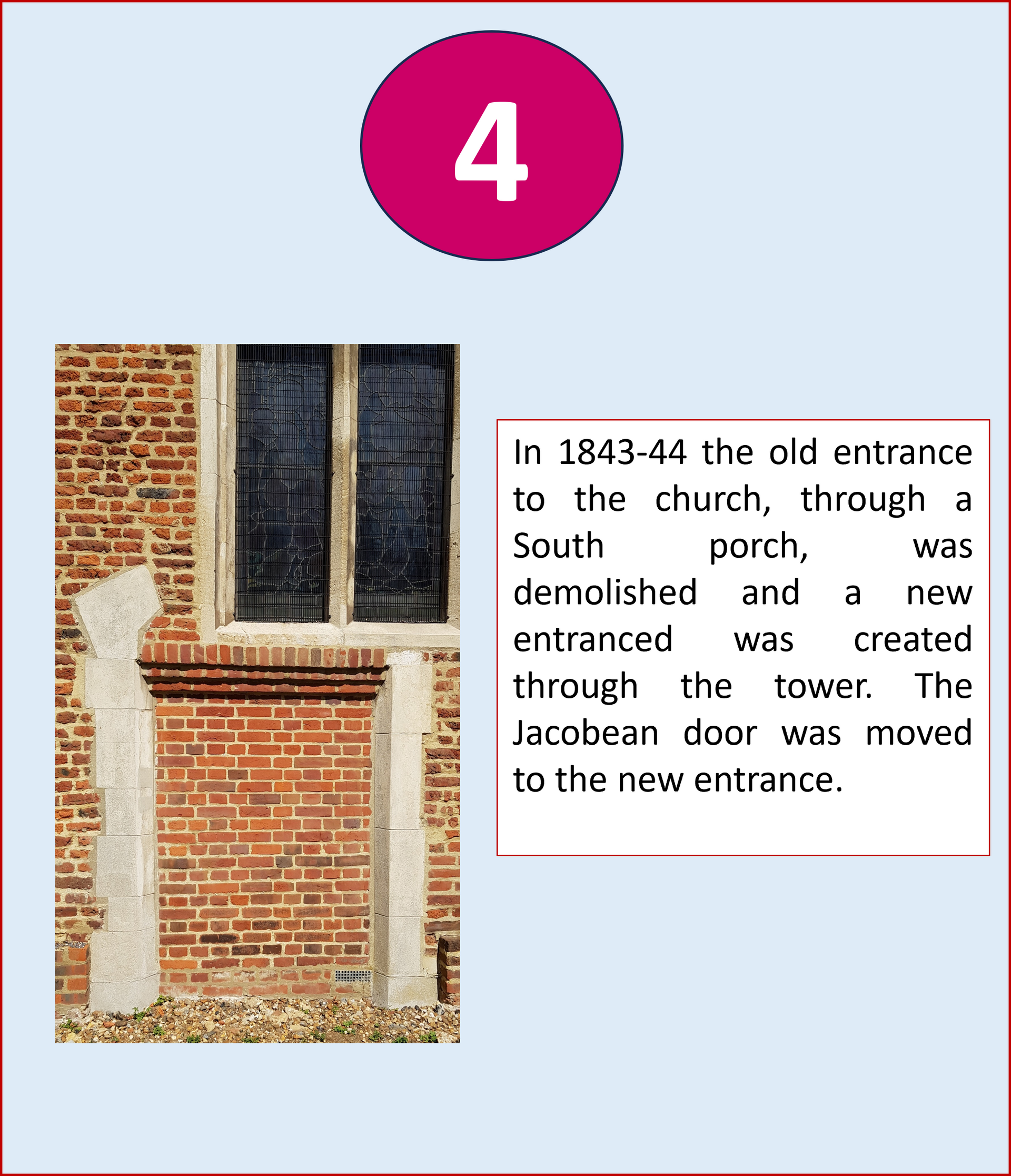 Brick church exterior with a window, text box, and number 4.
