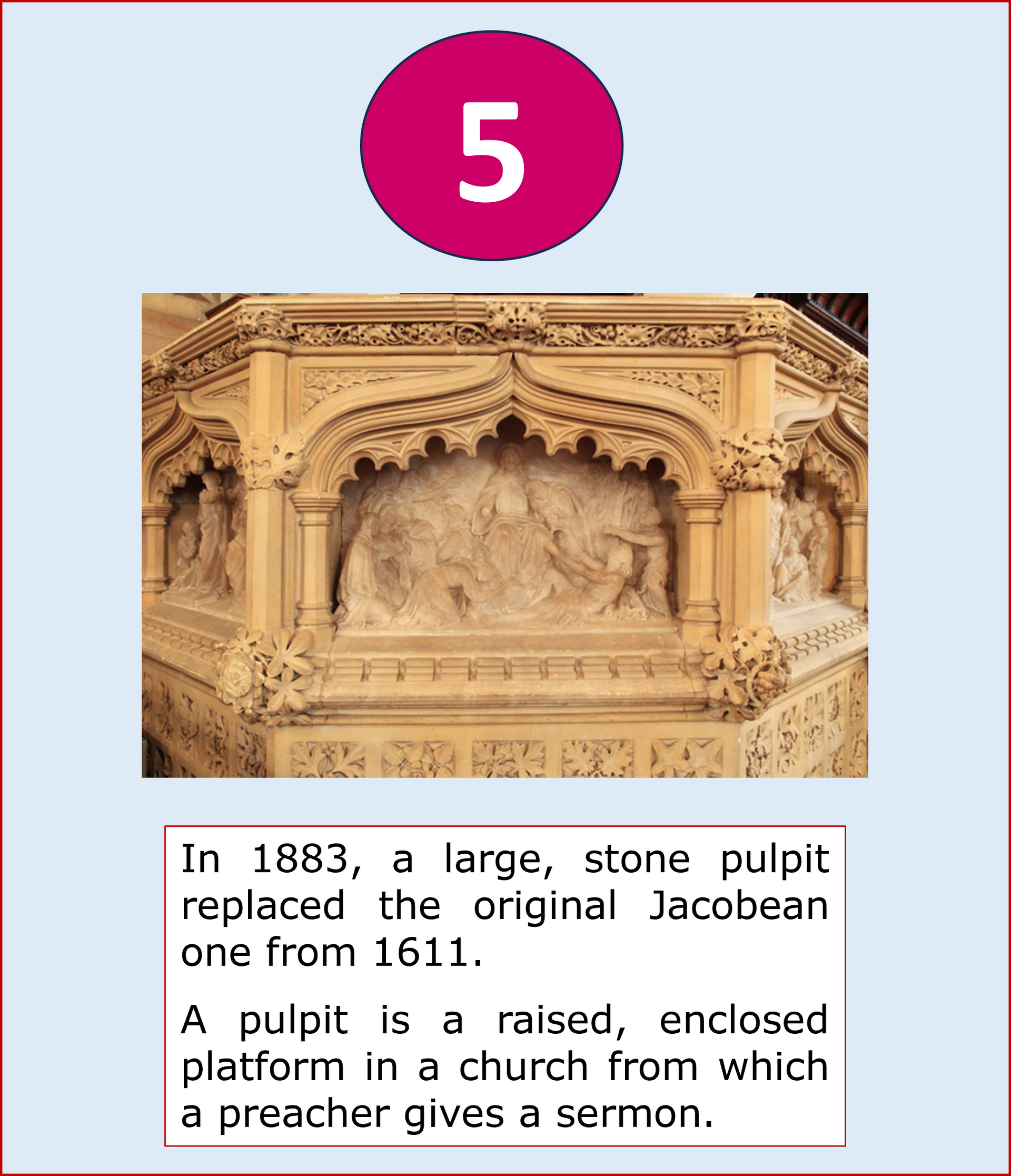 Stone pulpit in a church, dating to 1883, with the number 5 at the top.