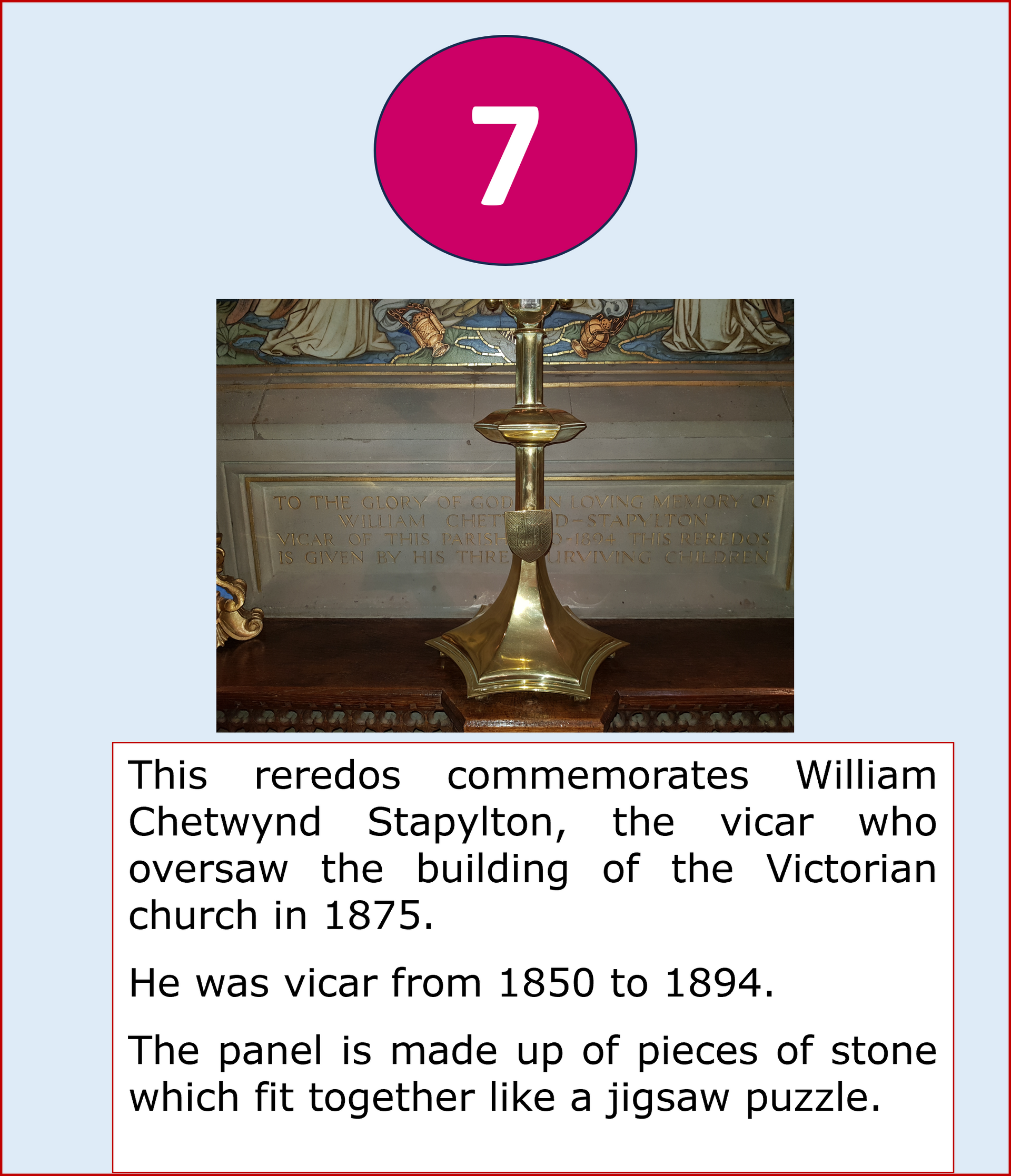 A brass reredos, commemorating a vicar, in a church. A pink circle with the number 7.