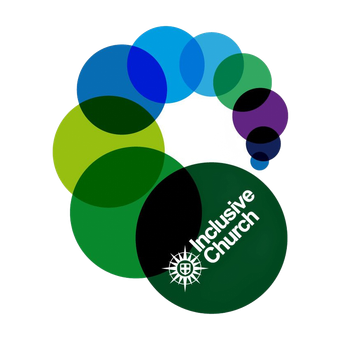 Colorful overlapping circles in a spiral with "Inclusive Church" text and a cross icon.