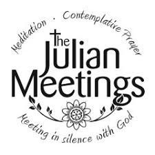 Logo for The Julian Meetings with a cross, flower illustration, and the text 