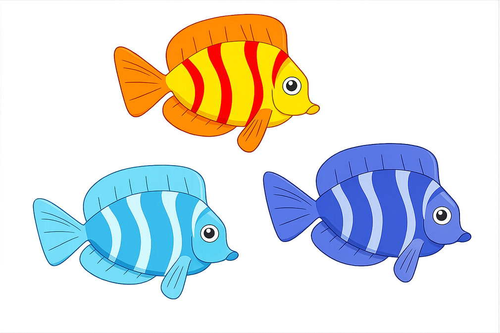 Three cartoon fish, one yellow with orange fins, two blue with white stripes.