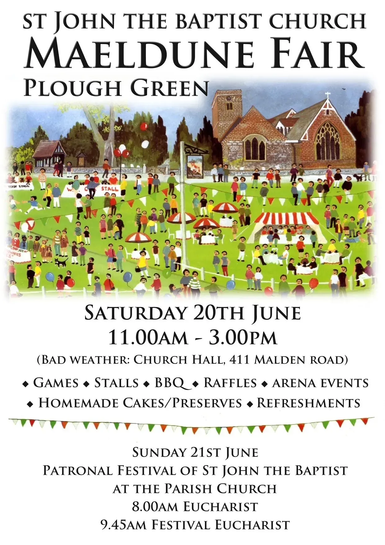 St John the Baptist Church Maeldune Fair poster with colorful village fair scene and event details