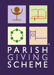 Logo for Parish Giving Scheme, with four colored square icons and text.