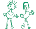 Two stick figures in green, smiling, with arms outstretched.
