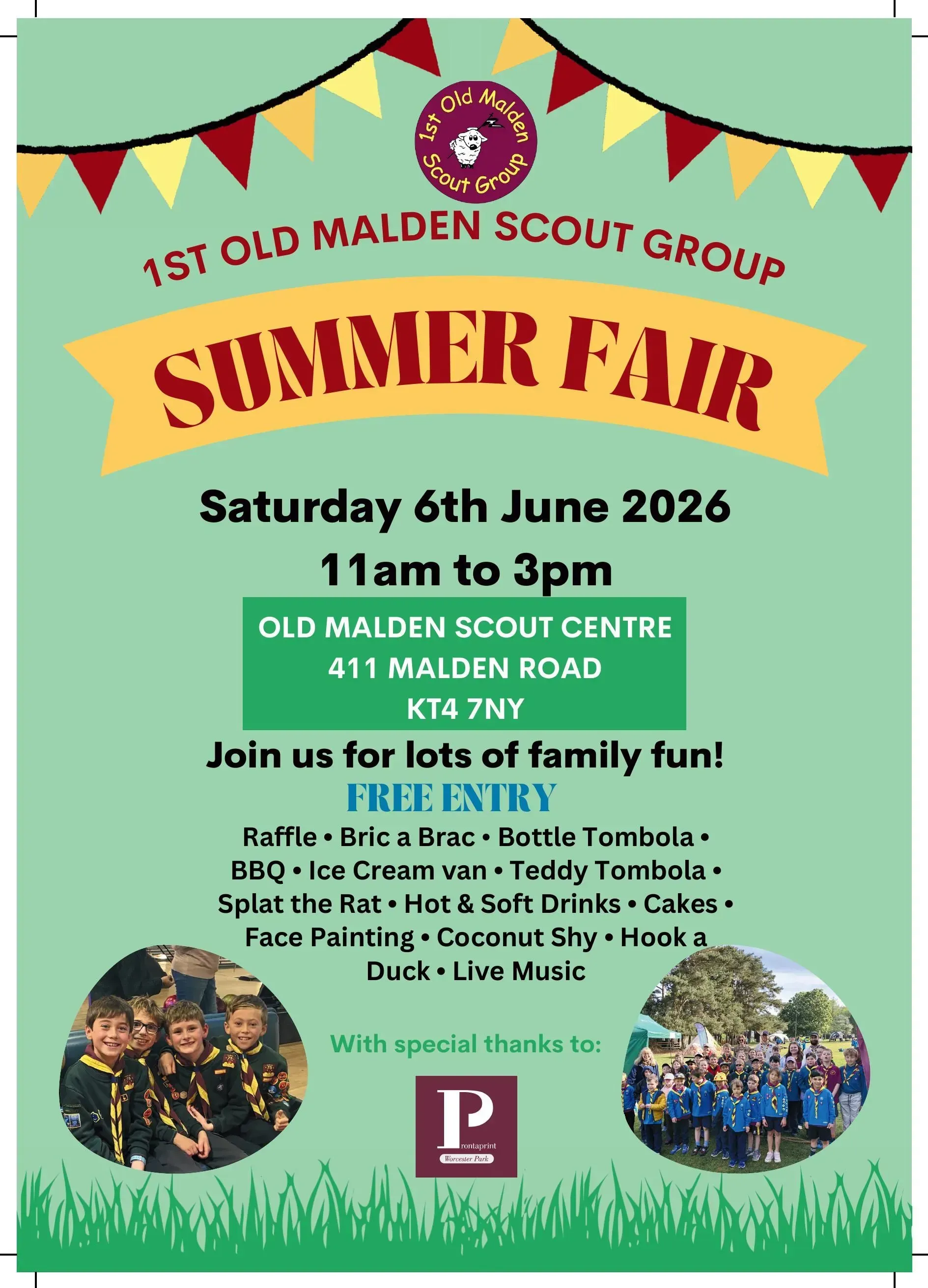 Old Malden Scout Group summer fair poster with date, time, and event details on a green background