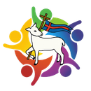 Lamb holding flag with cross, surrounded by colorful figures.